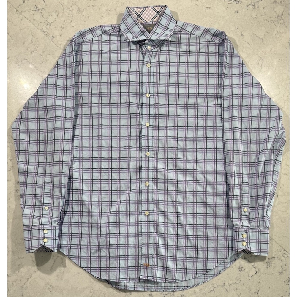 Thomas Dean Mens Large Blue Purple Plaid Button Up Long Sleeve Cotton Shirt